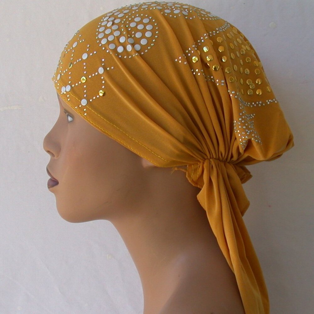 YELLOW  Pre-Tied Stud Fashion Cap Slip On Bonnet Hijab Undercap #2